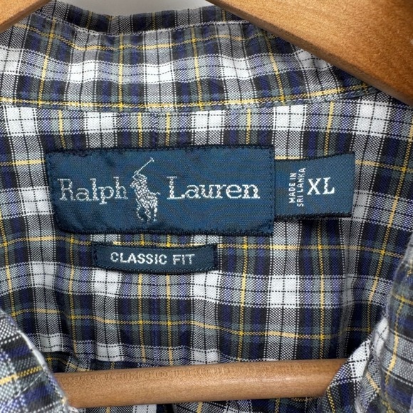 Ralph Lauren Classic Fit Mens XL Plaid Button Down Shirt Navy White Yellow Pony - Picture 4 of 8